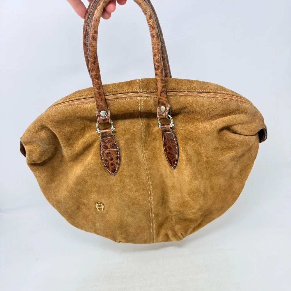 Etienne Aigner Satchel Bag Tan Suede Small Vintage Boho Handbag